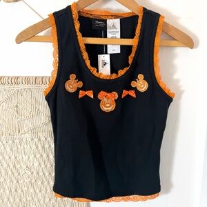Disney Disneyland World Black Tank Top Orange Lace Halloween Pumpkin Trim XS